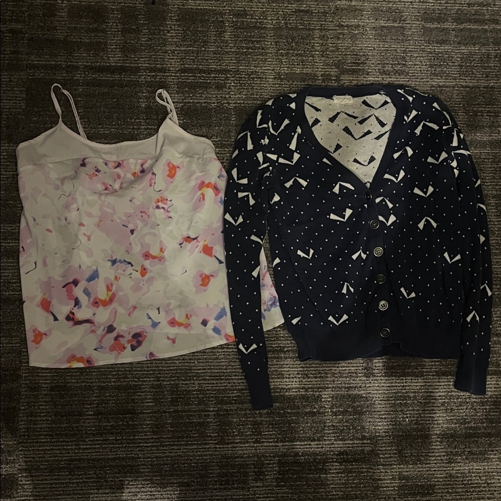 Navy and White Patterned Women's Sweater and Watercolor Top